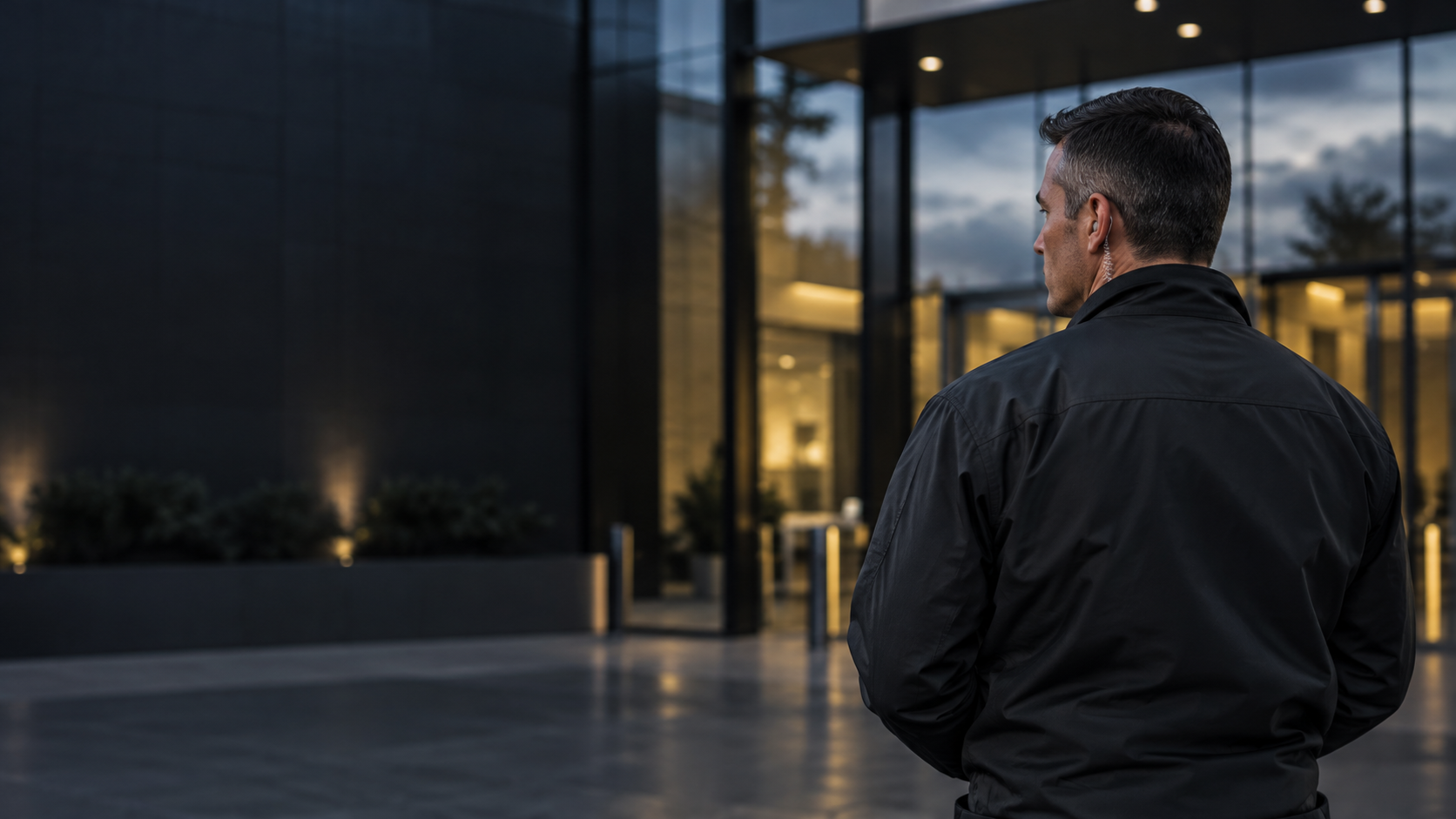 Illustrative security officer outside a modern building